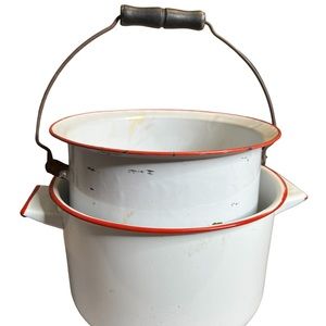 Pair Of Vintage Enamelware White & Red Pots
